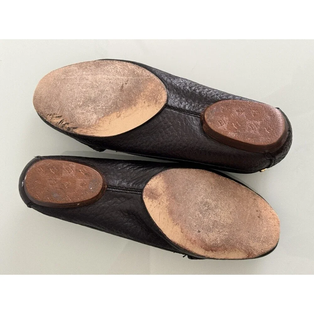 ✿ Tory Burch Black Leather Logo Ballet Flats Gold Plate Size 8M